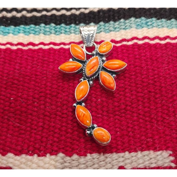 Large Dragonfly Pendant Orange Spiny Oyster Shell Turquoise Sterling Silver - Picture 1 of 6